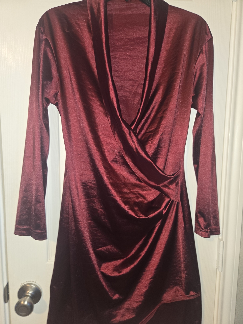Women’s Satin Wrap-Style Long Sleeve Dress in Burgundy